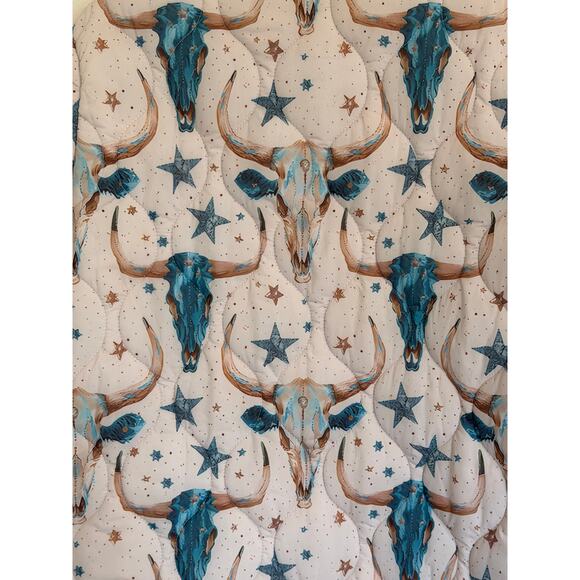 Women's Large Cream Blue Brown Longhorn Icon Quilted Clasp Long Sleeve Jacket - Picture 8 of 9